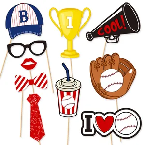 Baseball themed party photo booth props kit with caps, trophies, and sports signs
