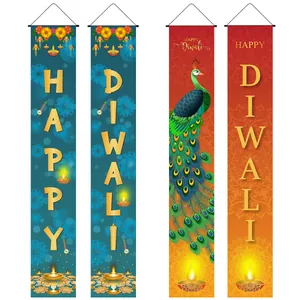 Vibrant Happy Diwali party door banners set with peacock and mandala patterns