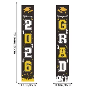 Afstudeerfeest banners 2026 met maattabel 180x30cm decoratie in zwart en goud
