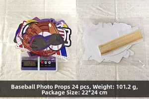 Detailed view of 24-piece baseball photo booth props set with dimensions and weight info
