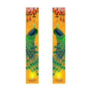 Vertical Diwali door banners with vibrant peacock and diya designs on yellow background