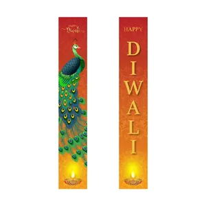 Detail of vibrant Diwali door banners with peacock and mandala patterns for party decor