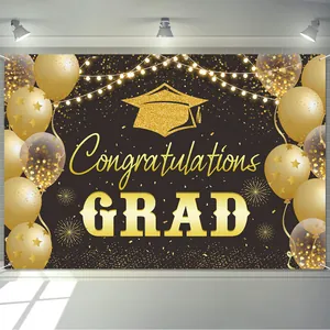 Polyester Abschluss Hintergrund Banner Für Class Of 2026 Feier Congrats Grad Party Dekoration Gold Glitzer Doktorhut Luftballons Hintergrund Für Schulzeremonie