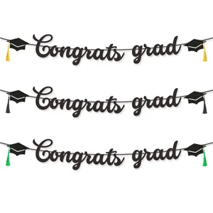 Congrats Grad Graduation Banner Glitter Paper Mortarboard Hat Banners With Tassels For Graduation Party Ceremony Decorations