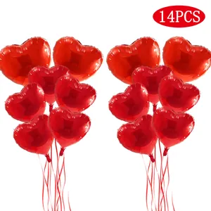Lot de 14 ballons en aluminium rouge en forme de cœur avec rubans pour Saint-Valentin
