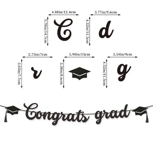 Black glittery congrats grad banner with mortarboard icons and detailed size dimensions