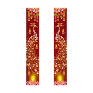 Diwali party door banners with peacock and diya patterns in deep red and gold