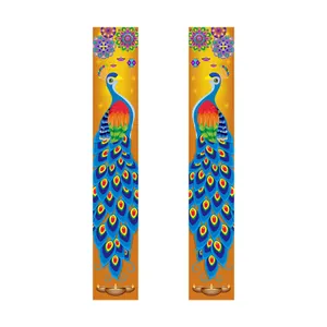 Vertical Diwali party porch banners with peacock art and traditional metal oil lamps