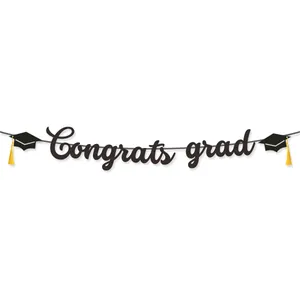 Black glitter Congrats Grad banner with graduation cap icons for 2026 party decorations