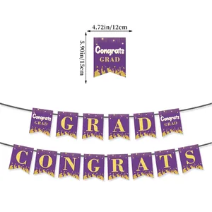Detail view of purple and gold graduation banner with Congrats Grad text and dimensions