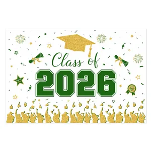 Abschlussbanner Klasse von 2026 mit Gold und Grün Deko sowie Feuerwerk Elementen