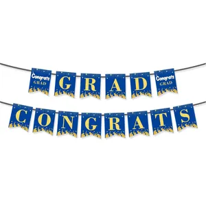 Blue and gold Congrats Grad banner with silhouettes for graduation party decoration