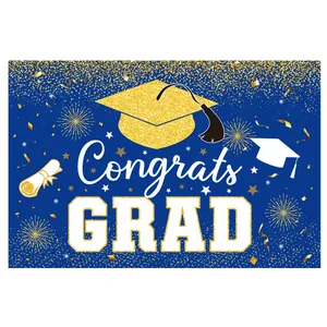 Details des blau-goldenen Congrats GRAD Banners mit Feuerwerk und Doktorhut