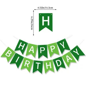 Détail de la bannière Happy Birthday verte montrant les dimensions de 11,5 x 16 cm