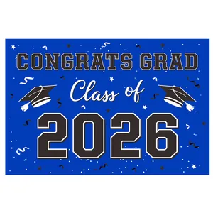 Detail eines königsblauen Abschlussbanners 2026 mit Congrats Grad Text und Doktorhut-Icons