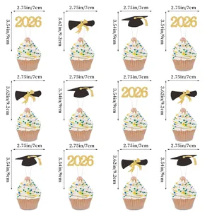 Detailed view of 2026 graduation cupcake toppers with dimensions and glitter finish
