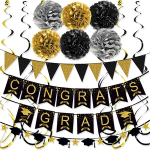 Decorazioni Festa di Laurea Oro Nero Striscione Congrats Grad Pom Poms di Carta Bandierine Triangolari Spirali Pendenti Articoli per Laurea