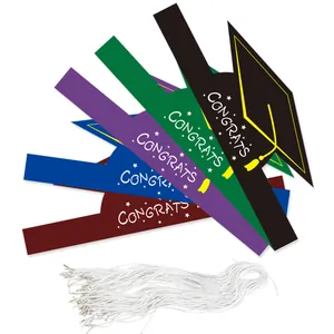 Graduation party crown hats with Congrats text and tassels in five assorted colors