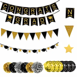 Set decorazioni laurea nero e oro con striscione Congrats Grad e fiori di carta