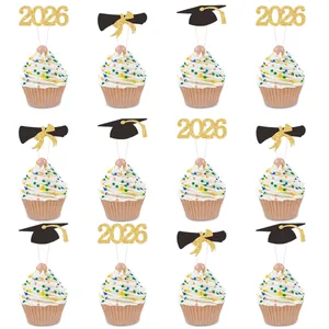 Class of 2026 Graduation Cupcake Toppers Glitter Gold Blue Cake Picks Graduation Cap Diploma Decorative Party Favors For Graduates Dessert