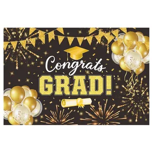 Schwarz-goldener Hintergrund für Abschlussfeiern mit Congrats GRAD-Text und Ballons
