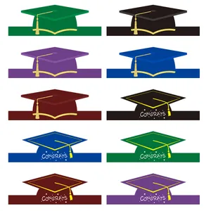 Set of colorful paper graduation caps with golden tassels and Congrats text prints
