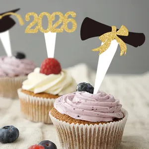 2026 Glitter Cupcake Toppers with Graduation Cap and Diploma for Party Decoration