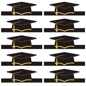 Set of 10 black and gold graduation cap cake toppers for school ceremony decorations