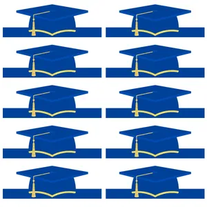 Set of 10 blue graduation cap stickers with gold tassels for party photo props