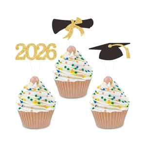 Glittering 2026 graduation cake toppers set with doctor cap and diploma on cupcakes