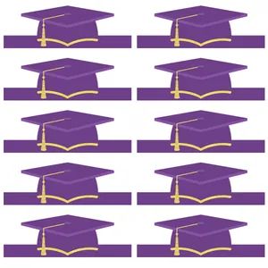 Set of 10 purple graduation cap stickers with gold glitter tassels for school celebrations