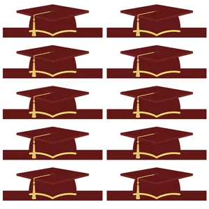 Detail view of 10 burgundy graduation cap cupcake toppers with golden glitter tassels