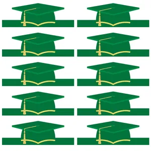Set of 10 green graduation cap stickers with gold tassels for school party decoration