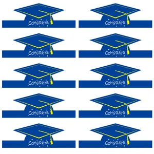 Set of 10 navy blue paper graduation crown hats with yellow tassels and Congrats text