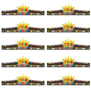 Detail von 10er-Pack Star Student Papierkronen mit bunten Schulmotiven auf schwarzem Grund