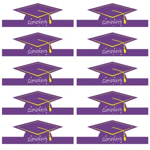 Detail view of ten purple graduation cap stickers with congrats text for party decor