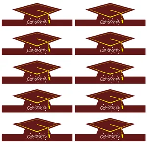 Detail view of burgundy graduation cap labels featuring white Congrats text and yellow tassels