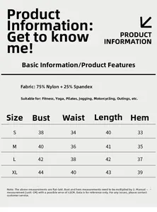 Size chart for contrast yoga vest showing measurements and fabric composition details