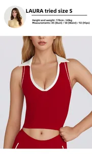 Red yoga vest with white lapel collar details and model size information chart