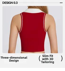 Detail view of red yoga tank top with white polo collar and 3D slim fit tailoring
