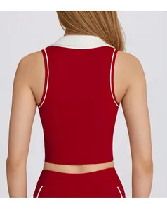 Rear view of red yoga tank top with white polo collar and contrast trim detailing