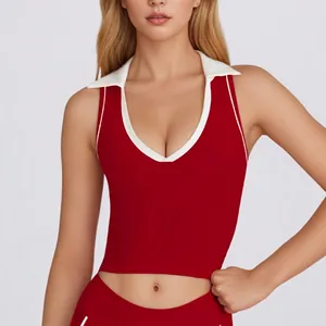 Women's Slim Fit Yoga Tank Top With Removable Pads Contrast Color Sleeveless Polo Collar V-Neck Athletic Fitness Pilates Top