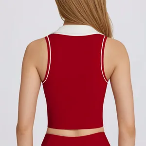 Slim fit red yoga tank top with white collar and cropped hem for sports wear