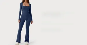 Deep blue ribbed long sleeve yoga bodysuit featuring a square neck and flared leg fit