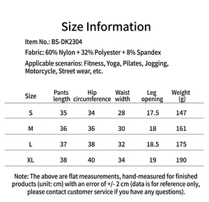 Guide des tailles avec composition du tissu et mesures pour short de yoga taille haute