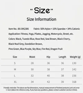 Maattabel voor naadloze yogashorts met gedetailleerde afmetingen in centimeters