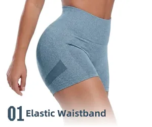 Détail de la taille haute élastique et de la maille sans couture du short de yoga bleu