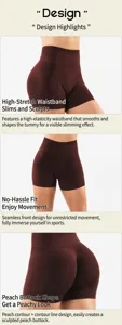 Detail van de hoge taille buikcontrole en scrunch butt-ontwerp op bruine yoga shorts