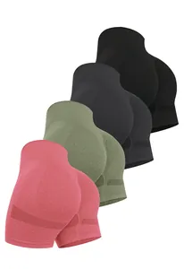 Four-pack of high-waisted seamless fitness shorts in pink, green, grey, and black