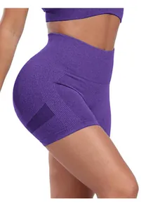 Detail of high-waisted seamless purple sports shorts with ribbed lines and mesh panels
